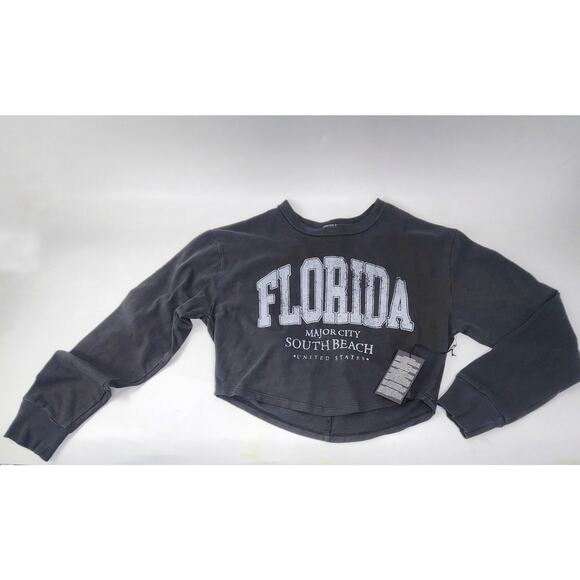 Forever 21 Logo Long Sleeve Crop Top Size Small Black Backless Graphic Casual - Picture 5 of 8